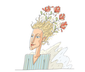 Beautiful minded person, vector illustration of a nice and calm woman with a flowers growing from her head, metaphor of good psychological developed nontoxic person.