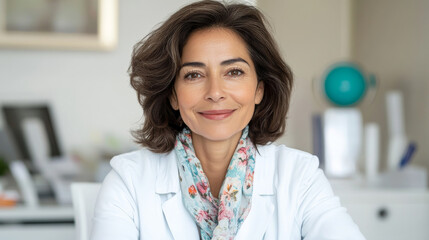 Fototapeta premium confident woman in white lab coat smiles warmly, showcasing professionalism and approachability in modern office setting