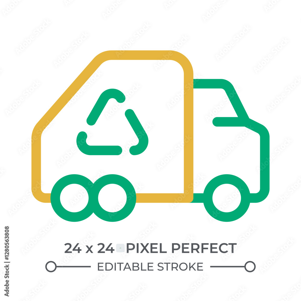 Poster garbage truck colorful line ui icon. dustcart with recycling symbol on trailer. waste management in 