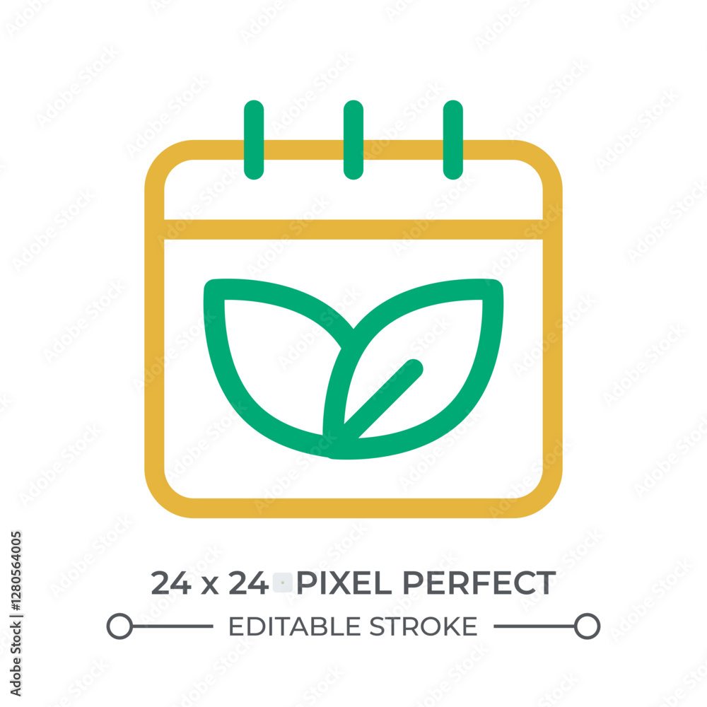 Poster leaves on calendar page colorful line ui icon. scheduling eco friendly events. environment care plan