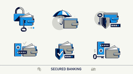 Secured banking vector detailed icons set, electronic wallet deposit money savings protection, financial risk and safety.