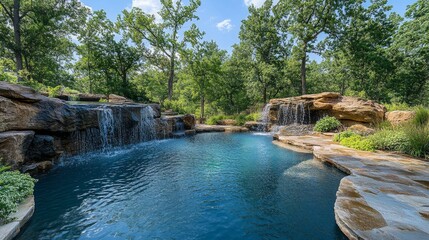 Naklejka premium Luxury Pool with Waterfall Feature in a Lush Garden