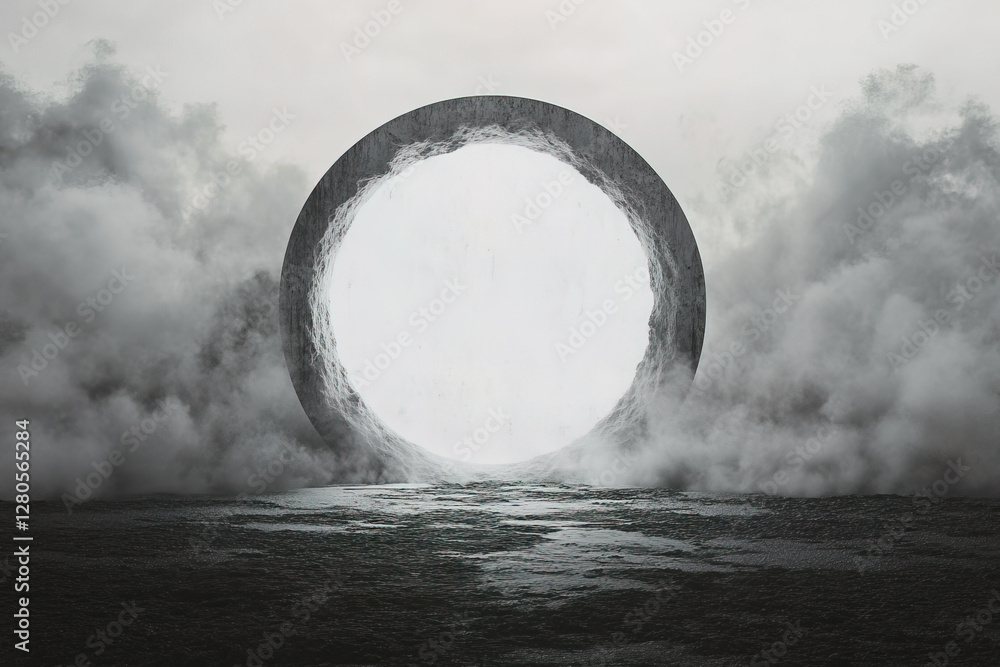 Poster mysterious circular portal surrounded by fog in a surreal landscape at dusk