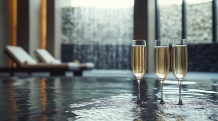 Alcohol consumption at a luxury spa with champagne and relaxation. Featuring wellness and indulgence