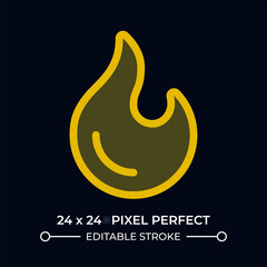 Obraz premium Fire dark color ui icon. Warning about flammable materials. Burning flame danger reminder. Burning bonfire. Vector colorful symbol isolated on black. User interface element, pixel perfect