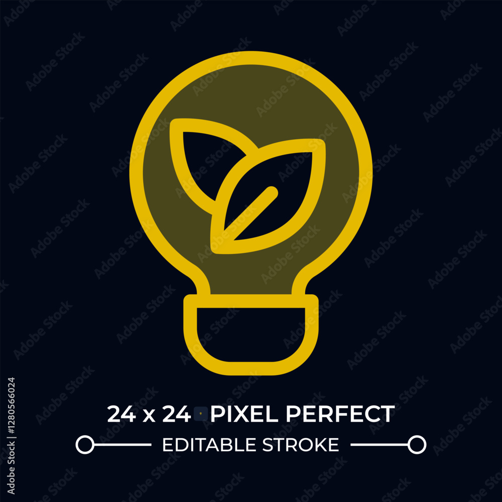 Poster lightbulb with leaves inside dark color ui icon. clean electrical power usage. renewable energy sour