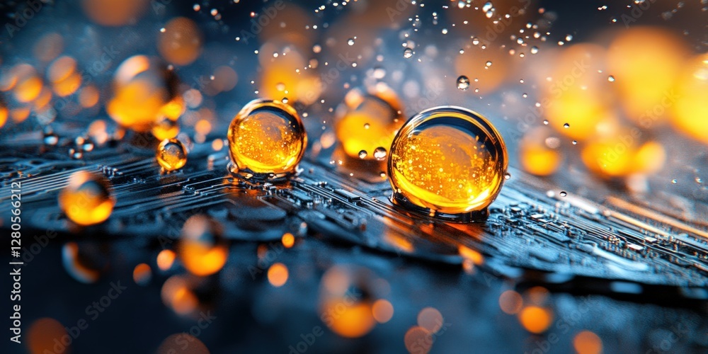 Poster Close-Up of Droplets on a Circuit Board with Orange Glow Effect