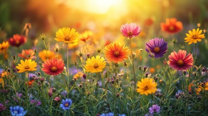 Obraz premium Colorful flowers field sunset glow