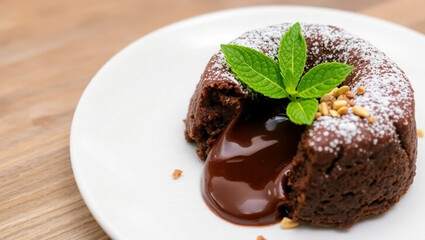 Chocolate Lava Cake with Melted Center and Mint Garnish.