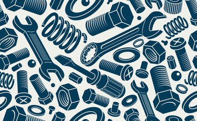 Repair and maintenance seamless background, vector mechanical fix service theme endless wallpaper, bolts and wrenches tiling pattern, elements can be used separately.