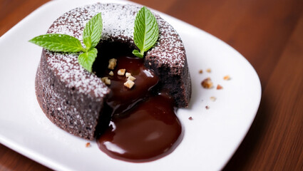 Chocolate Lava Cake with Melted Center and Mint Garnish.