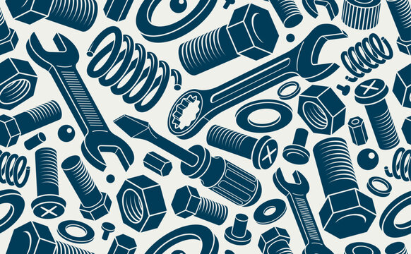 Repair and maintenance seamless background, vector mechanical fix service theme endless wallpaper, bolts and wrenches tiling pattern, elements can be used separately.
