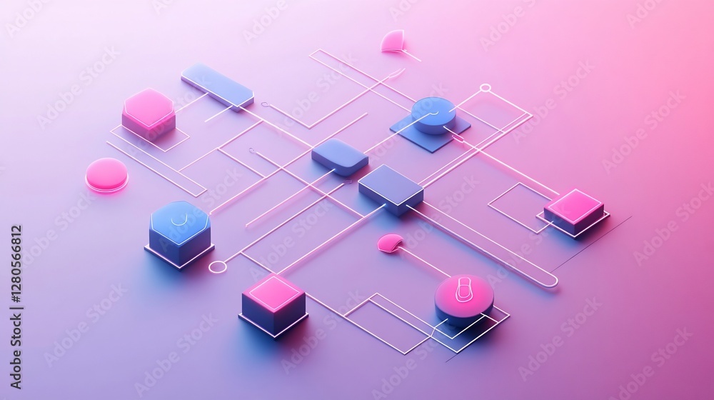 Poster abstract network connection with pink and blue geometric shapes on a gradient background