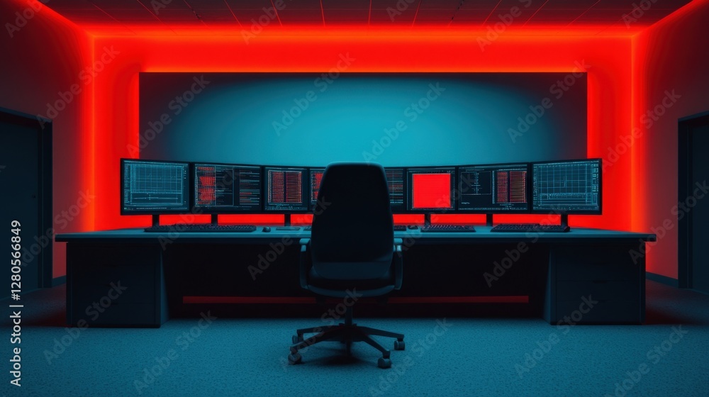Poster Modern Data Center with Multiple Monitors and Futuristic Lighting