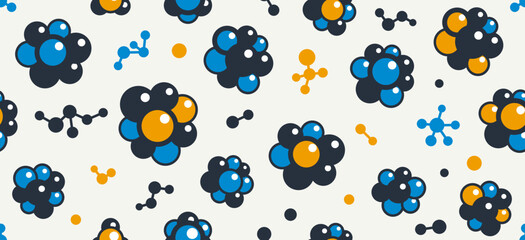 Molecules seamless background, vector tiling endless repeat pattern with different molecules, chemistry and pharmacology theme, elements easy to use separately as an icons or illustrations.