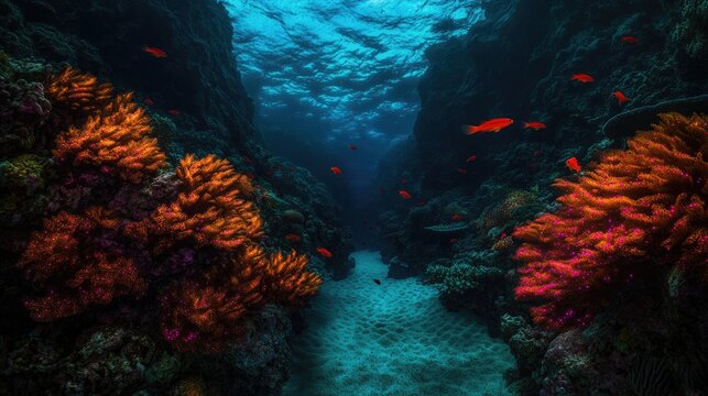 Vibrant underwater scene with colorful corals and shimmering fis