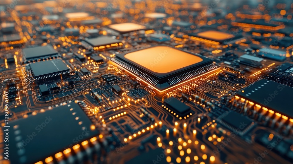 Poster Close-Up View of Circuit Board with Glowing Microchips and Lights