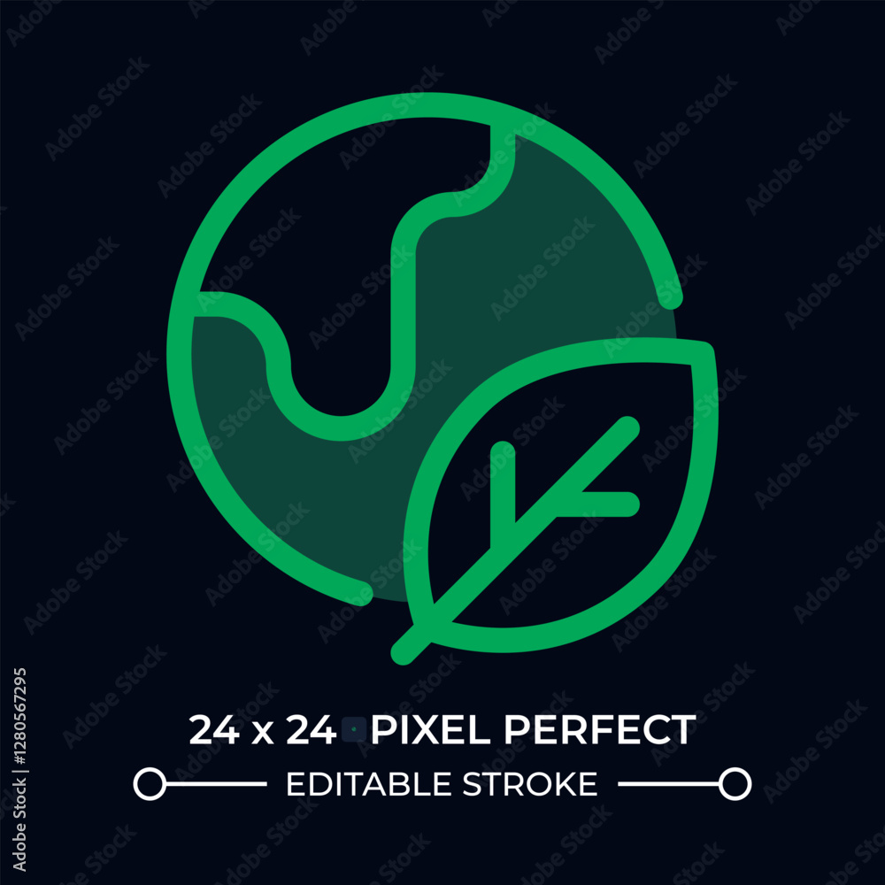 Poster world eco friendly dark color ui icon. earth globe with fresh leaf. environment care program. sustai