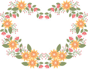 Flowers heart frame vector stock illustration. Juicy spring greens and red flowers. A wreath of grass and wildflowers. 