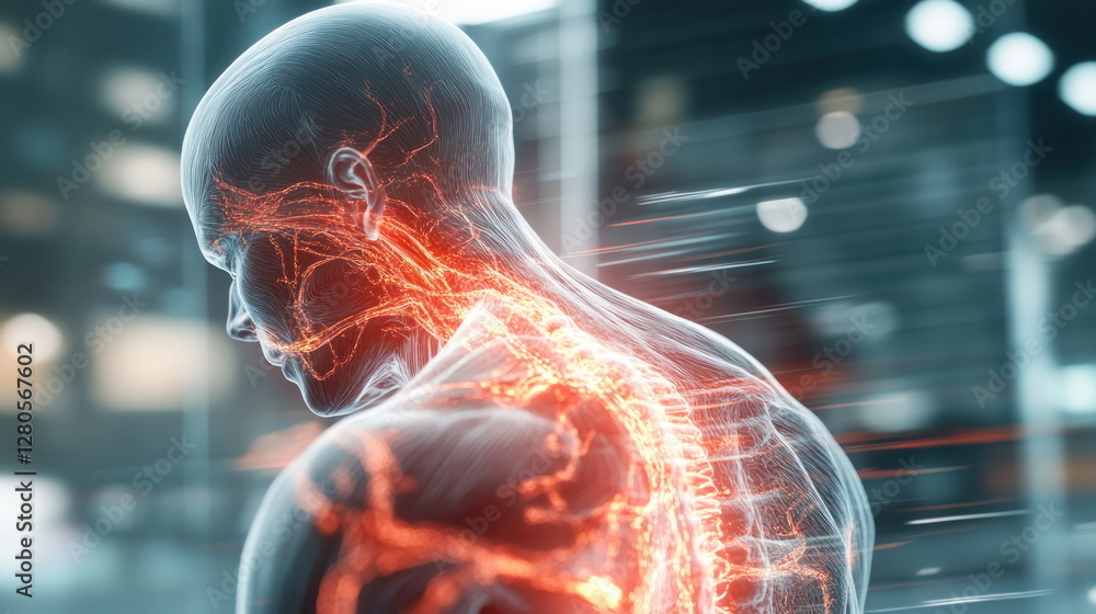 Poster human anatomy model with visible circulatory system in motion