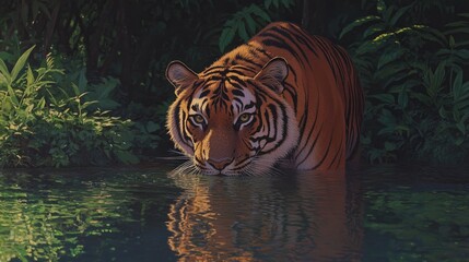 Majestic tiger wading through tranquil waters, surrounded by lus