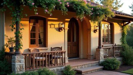 Fototapeta premium A cozy Mediterranean home porch with elegant wooden details, warm lighting, and lush plants.
