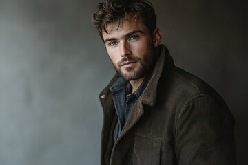 Fototapeta premium A handsome man with styled hair and beard, wearing a brown corduroy jacket.