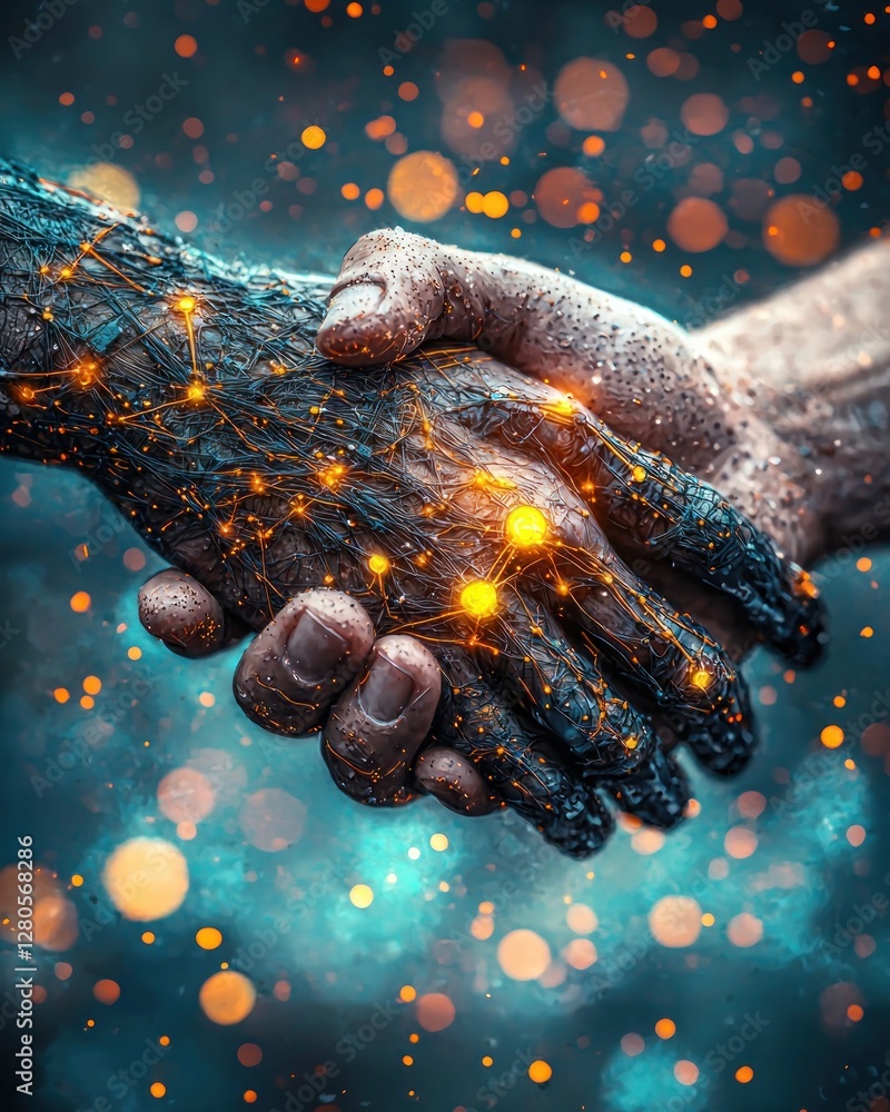 Aufkleber Hands Intertwined with Glowing Connections Representing Unity and Technology