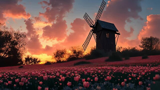 Sunset over blooming tulip field with majestic windmill in the background