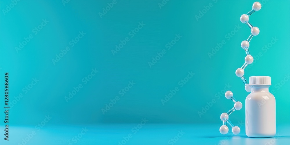 Poster white bottle with molecular structure on teal background