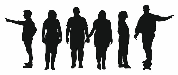 Set of different people black silhouettes. Men, women, couple standing front, side, back view, pointing with arms. Vector flat illustration isolated on white background