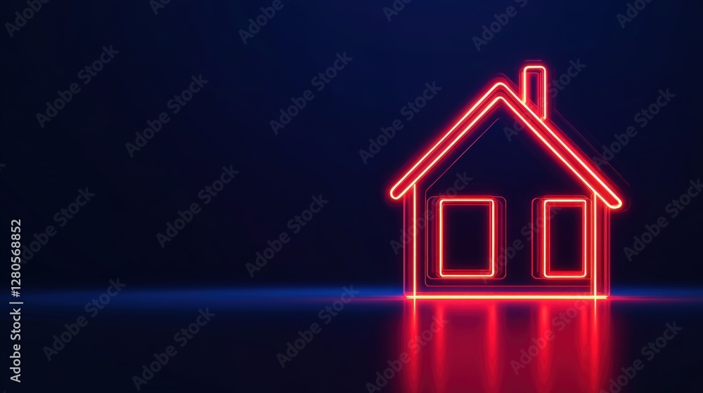 Aufkleber neon house outline on dark background with reflected surface