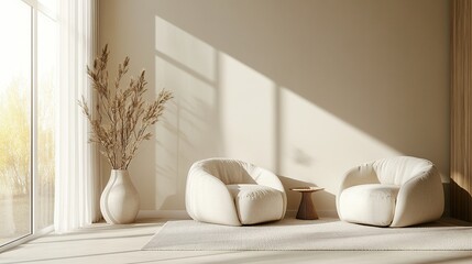 Warm and Comfortable Living Room with Soft Beige Tones and Plush Seating, Minimalist Decor on Cream Wall Background, 3D Rendering