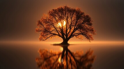 Beautiful tree reflection on the lake with sunset background