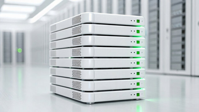 Stacked Data Storage Devices in Modern Server Room with Green LED Lights