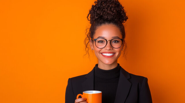 smiling woman with curly hair wearing glasses, holding orange mug against orange background. She exudes confidence and warmth