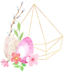 Watercolor easter composition with colorful eggs, flowers and decorative elements