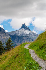 View from the hiking trail to the alpine peak Tschingellochtighorn, a mountain of the Bernese Alps located south of Adelboden in the Bernese Oberland, Switzerland.