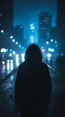 In the solitude of a deserted urban environment, a shadowy figure dressed in dark clothing stands still