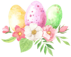 Watercolor easter composition with colorful eggs, flowers and decorative elements