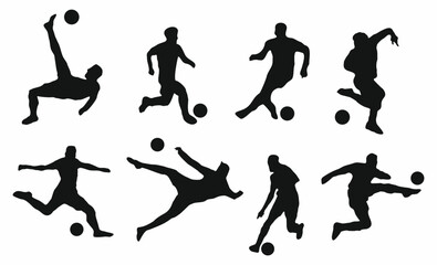 Set of football soccer player black silhouettes. Flat vector illustrations isolated on white background