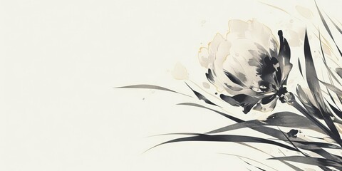 Elegant Monochrome Floral Illustration, Abstract Watercolor Flower with Delicate Grasses on a Soft Beige Background