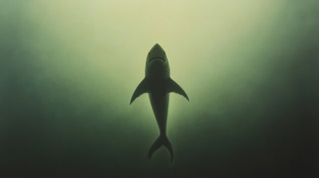 Silhouette of shark gliding through murky water, creating an eer
