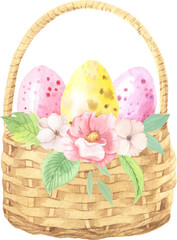 Watercolor easter basket with colorful eggs and flowers