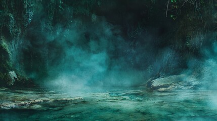 Dark Green and Blue Foggy Forest Scene