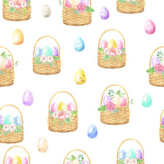 Seamless pattern with watercolor easter basket and colorful eggs