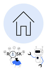 House icon over blue circle, person reviewing risk factors, robot with tools. Ideal for security, AI, technology trends, risk analysis, innovation, smart homes abstract line flat metaphor