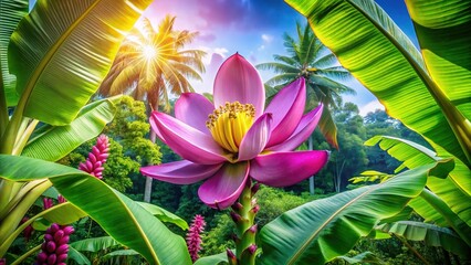 Vibrant Banana Tree in Bloom, Lush Tropical Foliage, Exotic Plant