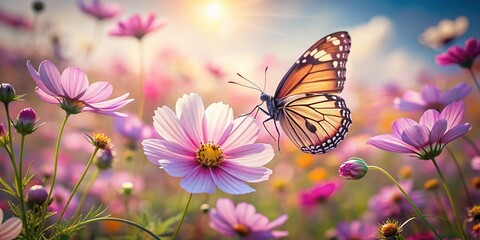 Vibrant Summer Cosmos Field with Butterfly in Flight