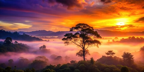 Fototapeta premium Vibrant Sunset over Misty Rainforest - Single Tree Silhouette Stock Photo